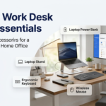 Remote work desk setup featuring a laptop stand, ergonomic keyboard, wireless mouse, LED desk lamp, and laptop power bank in a modern home office workspace.