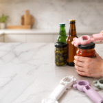 Best 4-in-1 bottle opener for opening jars, bottles, cans, and lids with a non-slip ergonomic grip in the kitchen.